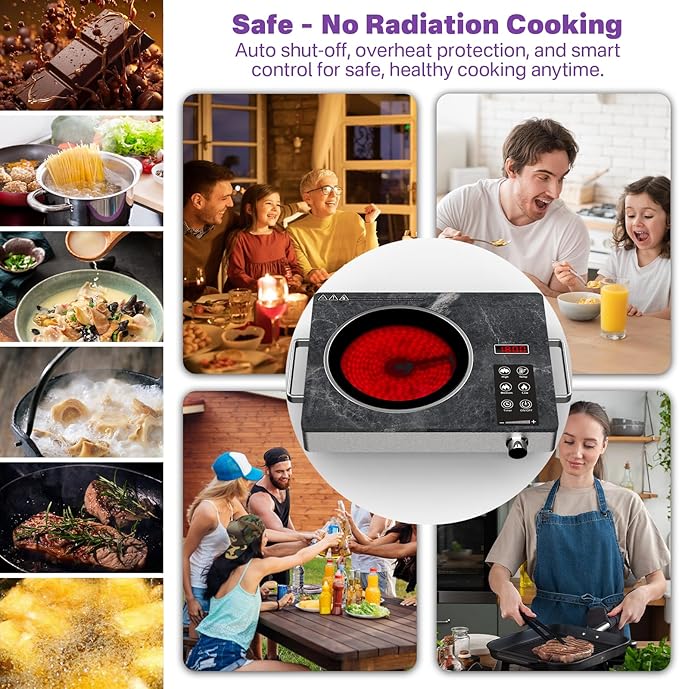 Portable Electric Stove 1800W, Single Burner Ceramic Hot Plate with Touch & Knob Control, Marble Glass Cooktop with Handles, Plug-in Infrared Cooktop for All Cookware