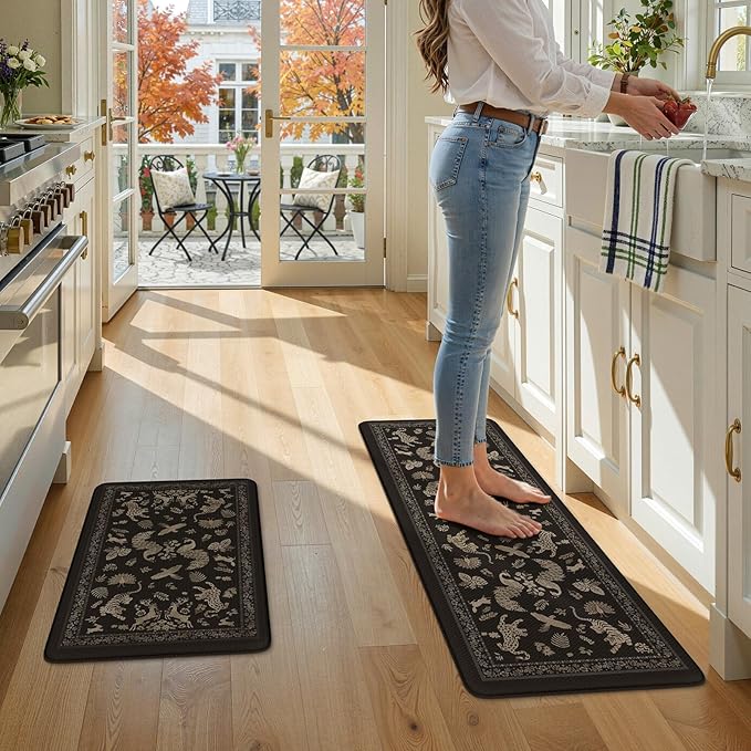 LEEVAN Cushioned Kitchen Mats for Floor 2 Piece, Anti Fatigue Mats for Kitchen Floor Non-Slip, Black Memory Foam Kitchen Mat Set, Waterproof Ergonomic Standing Mat for Bar, Office,Desk, Laundry