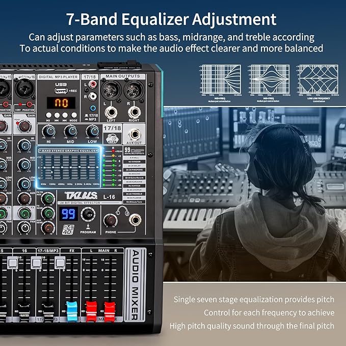 Audio Mixer, TKLBLS Professional 16 Channel DJ Mixer Board with 99-Bit DSP, Sound Board Mixing Console 7-Band EQ Output, USB Audio Interface, Bluetooth 48V Phantom Power For Karaoke Studio Streaming