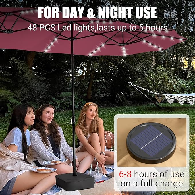 LEVELEVE 15FT Large Patio Umbrella with Base & Solar LED Lights - Double-Sided,Red