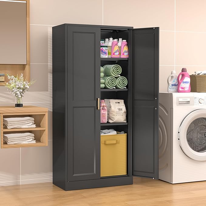 60" Kitchen Pantry Storage Cabinet,Black Tall Storage Cabinet With Doors and Shelves,Metal Food Pantry Cabinets for kitchen storage,Freestanding Cupboard for Dining Living Room,Assemble Required
