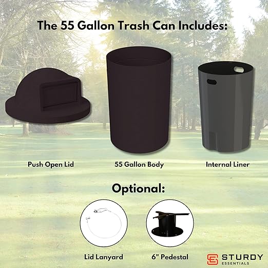 Campus Collection 55 Gallon Round Heavy-Duty Plastic Commercial Outdoor or Indor Trash Can with Push Open Dome Lid and Internal Liner | Great for Schools and Businesses - Black