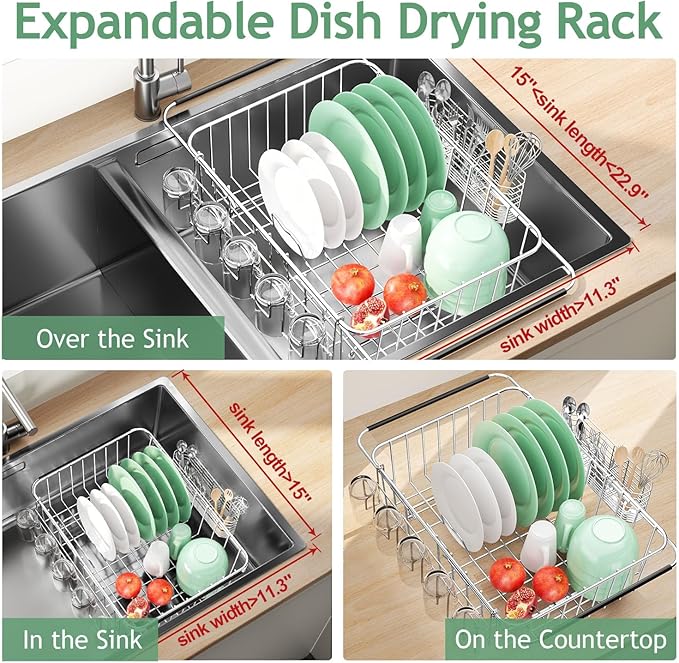 Dish Drying Rack in Sink, Extendable Stainless Steel Dish Drainers for Kitchen Counter, Anti-Rust Dish Dryer Rack with Utensil & Cup Holders, for Inside Sink, Over The Sink