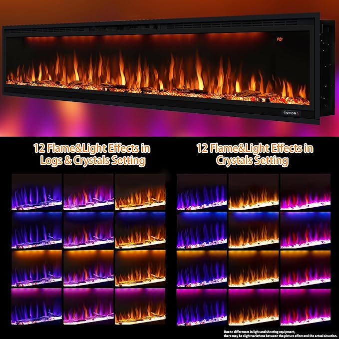100 inch Smart Electric Fireplace, Wall Mounted Fireplace Insert for Living Room, Realistic Flame Fire w/Multicolor, Large Linear Fireplace Recessed in Wall, Black (100")
