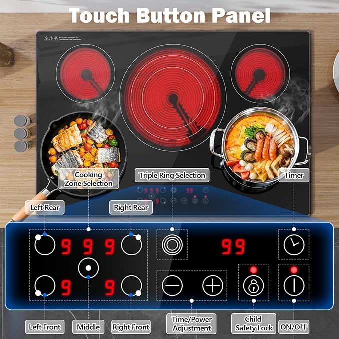 SNDOAS Electric Cooktop 30 inch,9000W 5-Burner Built-in Electric Stove Top with Ceramic Glass & 9 Power Levels,240V Hardwired,Child Lock & Overheat Protection,30" for Standard Countertop Cutout