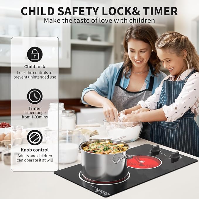 Electric Cooktop,110V 2100W Stove top,Countertop and Built-in 2 burner cooktop,9-speed power, child safety lock, timer, knob and touch control 2 burner Electric cooktop