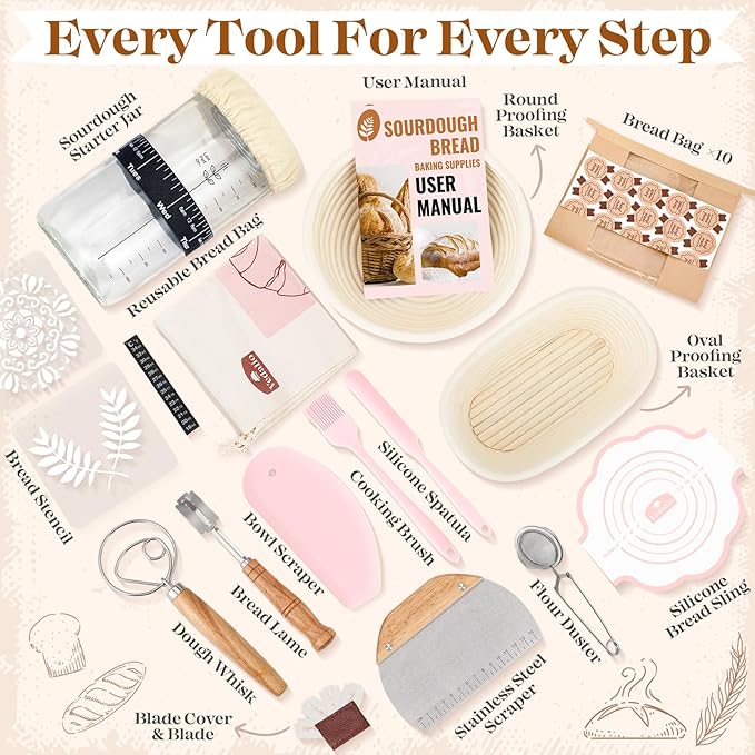 Sourdough Starter Kit, Sourdough Bread Baking Supplies, Sour Dough Starter Kits, Pink Sourdough Kit, Baking Gifts for Women, Bread Proofing Basket, Sour Dough Bread Making Kit Tools Baking Set