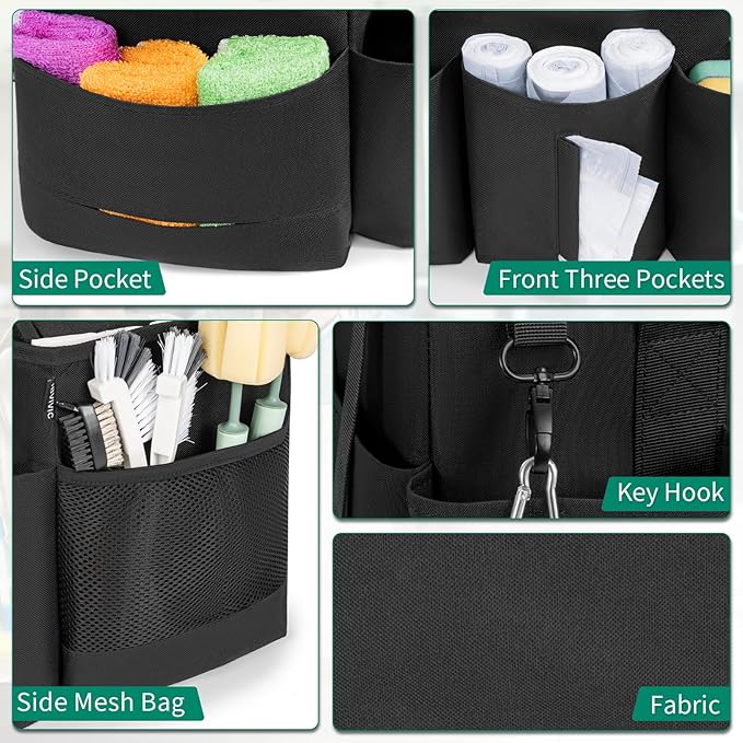 Wearable Cleaning Caddy Bag for Cleaning Supplies, Large Capacity Cleaning Organizer Tote Bag Simple Kitchen Cleaning Supplies Storage Bag for Cleaners Housekeepers (Black)