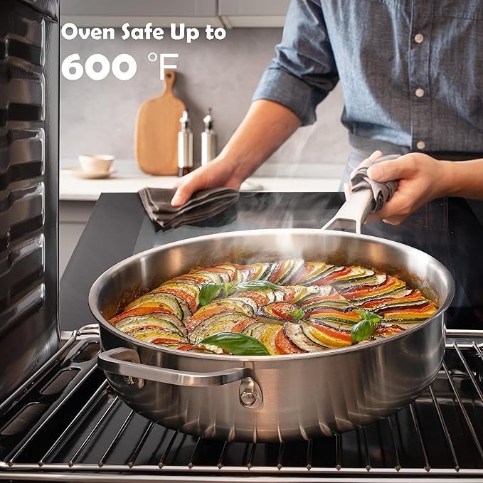 6-Quart Stainless Steel Saute Pan with Lid, 12-Inch Skillet, Dishwasher & Oven Safe, Works on All Cooktops
