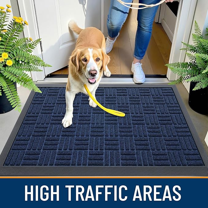 OLANLY Front Door Mat Outside Entrance 35x23, Absorbent, Heavy Duty Sturdy Natural Rubber Doormat Indoor Outdoor, Non-Slip, Stain and Fade Resistant, Low Profile Floor Mat for Entryway, Navy Blue