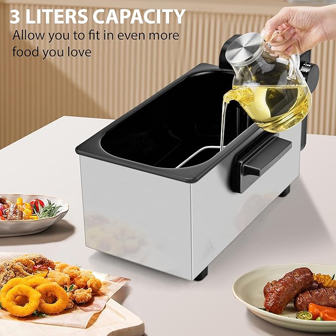 SUSTEAS 3 Liter/2.7QT Electric Deep Fryer, 1500W, Timer Control, Adjustable Temperature, Lid with Viewing Window and Removable Frying Basket, Stainless Steel, Perfect for Kitchen, French Fries