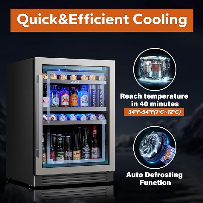 Ca'Lefort 24 Inch Beverage Refrigerator, 180 Can 34°F -54°F Beverage Fridges, Drink Fridge with Glass Door 3 LED Beverage Coolers Built in or Freestanding, Perfect for Home/Kitchen(Right-Hinged)