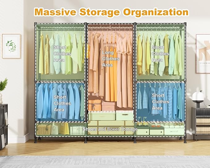 E14C Heavy Duty Closet Organizer System，Freestanding Clothing Racks for Hanging Clothes，Adjustable Garment Rack 70.1" W × 16.6" D × 76.4" H Hold 960 lbs，Black Rack with Grey Dustproof Cover