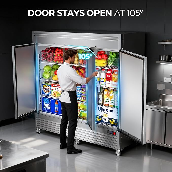 Coolake 82" Commercial Reach-In Refrigerator 3 Solid Doors, 72 Cu.ft Stainless Steel Fan Cooling Upright Fridge 12 Adjustable Shelves, Commercial Fridge for Restaurant Kitchen Cafe Grocery Store