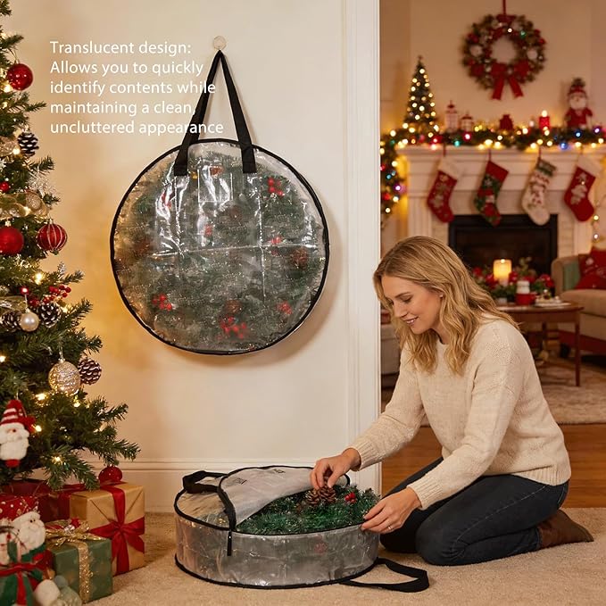 2 Pack Clear Christmas Wreath Storage Bags 24 Inch - Waterproof Wreath Container with Dual Zipper and Reinforced Handles for Artificial Wreath, Garland and Holiday Decor Organization