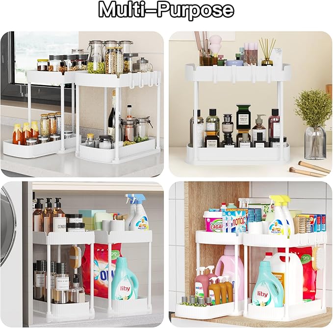 2 Pack Multi-Purpose Pull-Out Storage Organizers, Under Sink Organizers and Storage for Bathroom & Kitchen, Under Cabinet Organizers and storage, 14.8 Inch, White