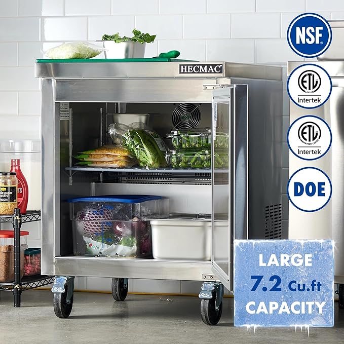 HECMAC 27" Commercial Refrigerator, 7.2 Cu.ft Worktop Undercounter Fridge with Single Solid Door, 33~40℉, 18-8 Stainless Steel Interior, ETL&NSF/ANSI 7 for Restaurant, Bar, Shop, Kitchen Use
