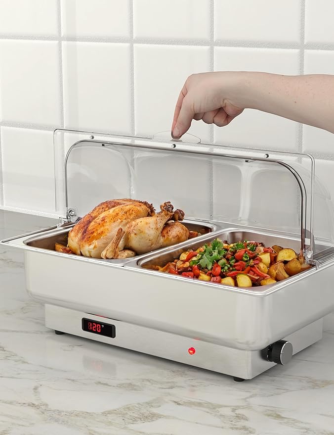 2 Pack Electric Chafing Dishes Adjustable Temp Roll Top Food Warmer with 2 x 4.5 QT Size Pans, Stainless Steel Buffet Servers and Warmers, Temp Display Food Warmer Transparent Lid Chafers for Parties