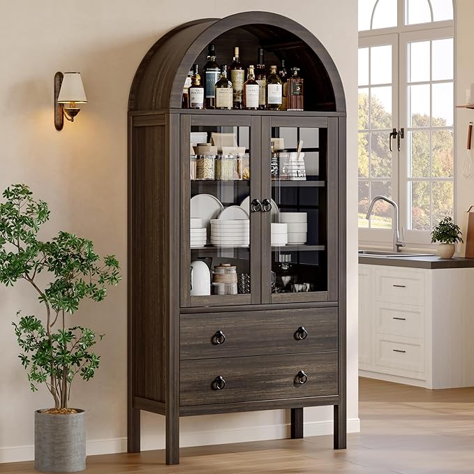 Arched Cabinet, 71" Tall Wooden Storage Cabinet, Arched Bookshelf with Glass Doors and Drawer for Living Room, Kitchen, Dining Room (Taupe Brown)