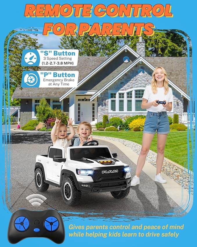 ENYOPRO 24V Ride on Toys for Big Kids, Licensed RAM 1500 RHO 2 Seater Toddler Ride on Car w/Remote Control, Kids Electric Car w/Truck Bed Storage, Real Tailgate, Music, LED Lights (White - High Door)