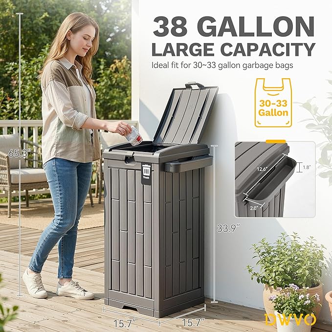 DWVO 38 Gallon Outdoor Trash Can, Resin Garbage Bin with Lid, Includes 2 Sorting Labels, Ash Holder, Stakes & Suction Cups, Hideaway Storage for Patio Backyard Garden, Light Brown