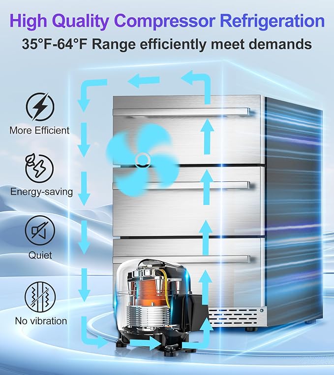 3 Drawer Beverage Refrigerator Undercounter, Hold 180 Cans 24 inch Weather Proof Stainless Steel Beverage Fridge for Outdoor, Built-in & Freestanding Beverage Cooler Fridge for Soda, Beer, Fruit