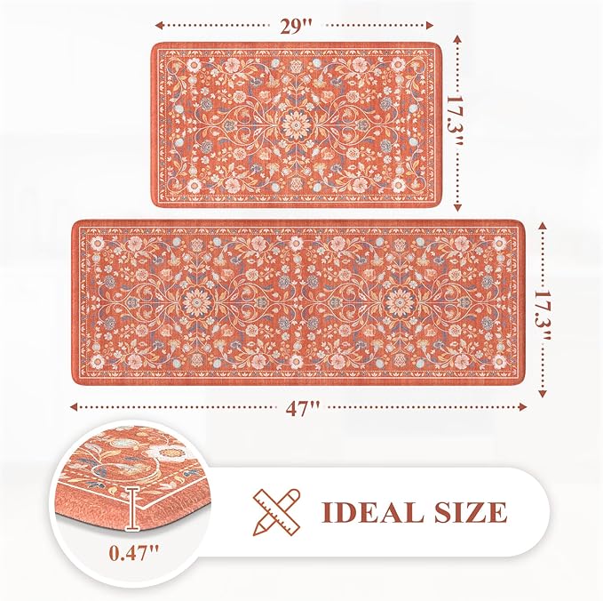 KIMODE Anti Fatigue Mat for Kitchen Floor Non Slip,Boho Vintage Floral Kitchen Rugs Sets of 2,Cushioned Memory Foam Waterproof Standing Carpet for Laundry Sink Home,Red