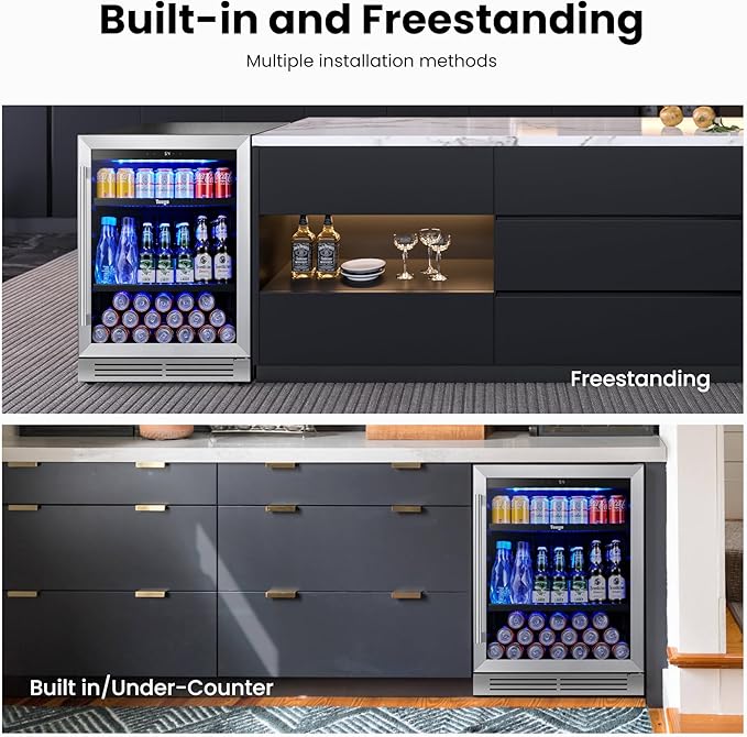 Yeego 24-Inch Built-In Beverage Refrigerator (2 Pack) - Large Capacity Drink Cooler with Glass Door, Auto Defrost Beverage & Wine Fridge for Cans and Bottles, Under Counter & Freestanding