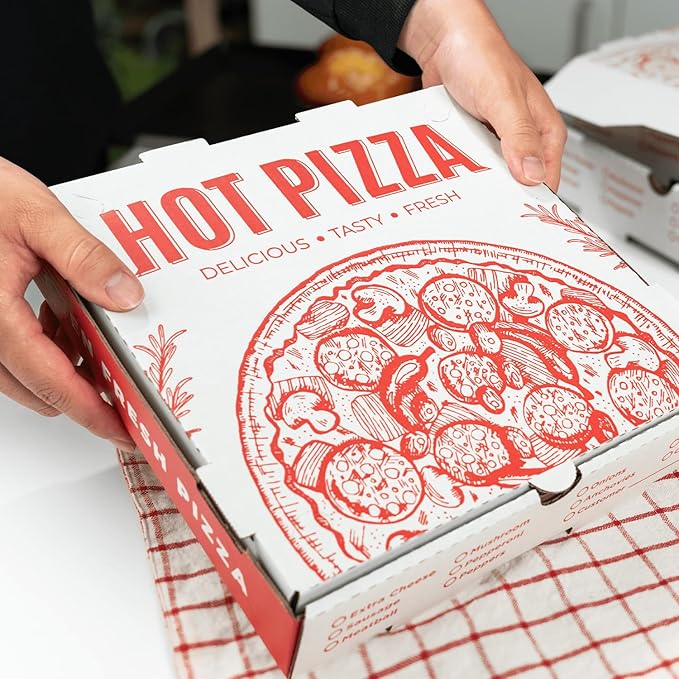 Karat Pizza Boxes 10" x 10" [50 Pack] Classic Red Print Corrugated Boxes | Ventilated, Grease-Resistant, Durable for Pizza or Mailing Use