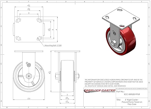 Service Caster Brand Replacement Caster for Uline Caster H-7362R - Rigid Top Plate Caster with 5 Inch Polyurethane Wheel - Heavy Duty Replacement Caster - Fits Platform, U-Boat and Panel Trucks H-6237
