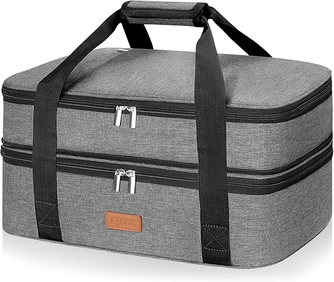 LHZK Insulated Casserole Carrier - Expandable Holder Tote for Hot or Cold Food, Fits 11 x 15 or 9 x 13 Baking Dishes - For Potlucks, Picnics, Beach (Grey)
