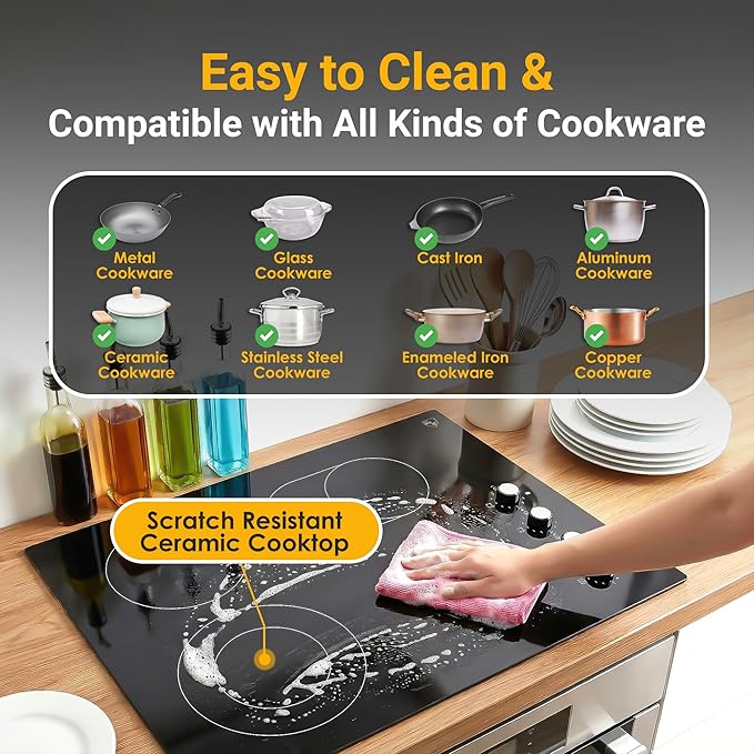K&H 4 Burner Electric Cooktop - 30 Inch Built-In Radiant Ceramic Stove Top with 11 Power Levels & Knob Control, Compatible with All Cookware, 240V, 7200W High-Power Built-in Electric Stove, CE30-7206K
