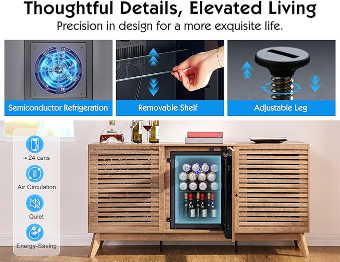60" Beverage Cooler Cabinet with Built-in Mini Fridge – 24-Can Capacity Beverage Refrigerator for Home Bar or Office – Wine & Coffee Bar Cabinet with Storage – Brown