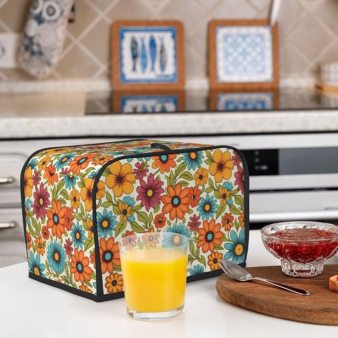 2 Slice Toaster Cover for Kitchen Hippie Flower Retro Waterproof and Dustproof Toaster Dust Cover with Side Pockets Decorative Universal Cover for Wide Slot Toasters and Small Appliances