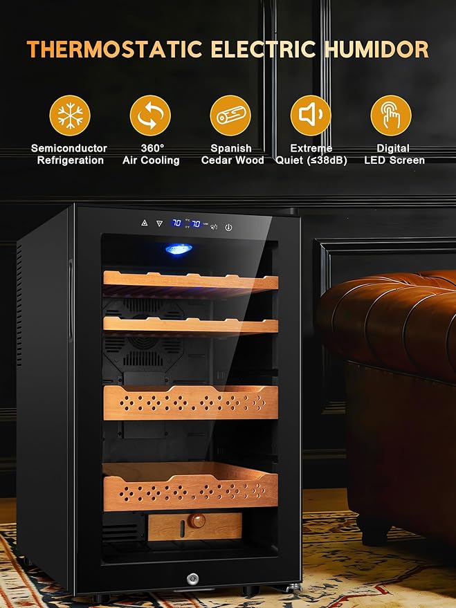 Electric Humidor 70L,400 Counts Capacity,Smart Temp & Humidity Control (59-72°F, 60-75% RH),Digital LED Screen,Safety Lock,Thermostatic Cooler Gift for Men