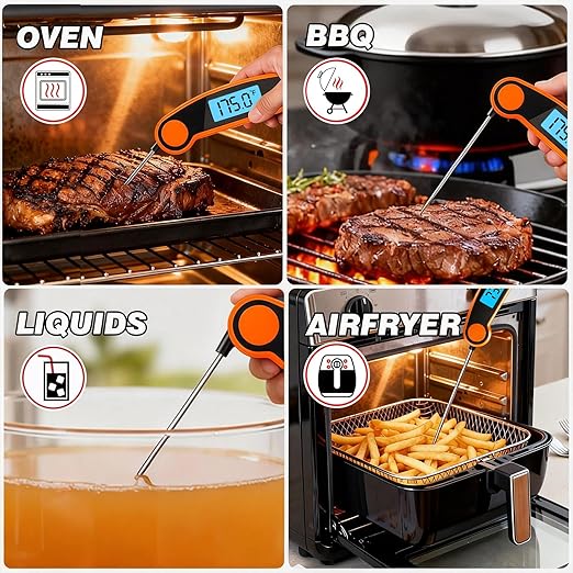 Meat Thermometer Digital Waterproof Instant Read Thermometer for Cooking Food Thermometer with Backlight & ±0.5℃ Precision Cooking Thermometer for Kitchen ℃/℉ Convertible Orange