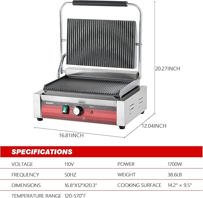 EGGKITPO Commercial Panini Press Grill with Grooved Plates Electric Sandwich Maker with Adjustable Temp Control 110V 1700W 14"×9.5" Ribbed Enamel Plates for Breakfast and Hamburger in Home Kitchen