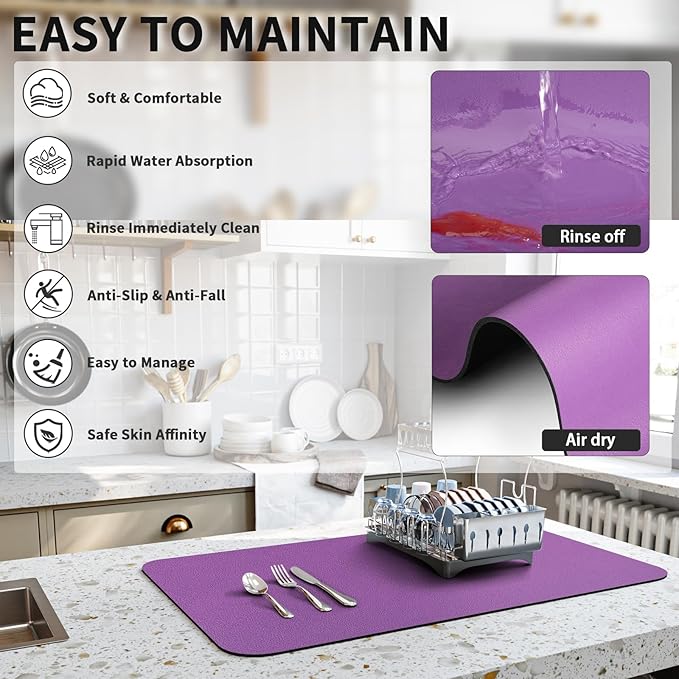Dish Drying Mat for Kitchen Counter, Heat Resistant Drainer Mats with Non-slip Rubber Backed, Hide Stain Kitchen Super Absorbent Draining Mat, Easy to Clean Dish Rack Pad, Purple 18"x24"