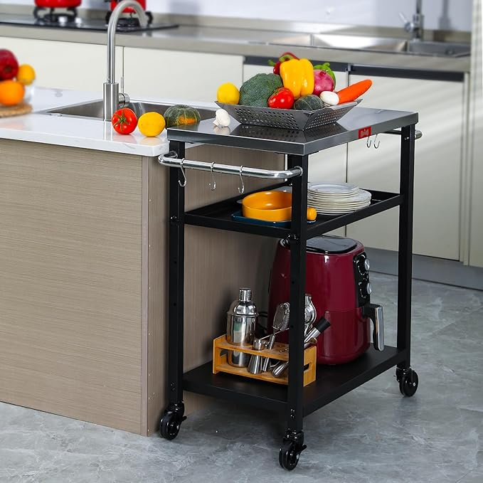 3-Shelf Grill Table, Pizza Oven Stand with Shelf, Movable Pizza Oven Grill Cart, Grill for Outside, Outdoor Bar Cart with Wheels, Stainless Steel top, L26.6xW16.1 Tabletop