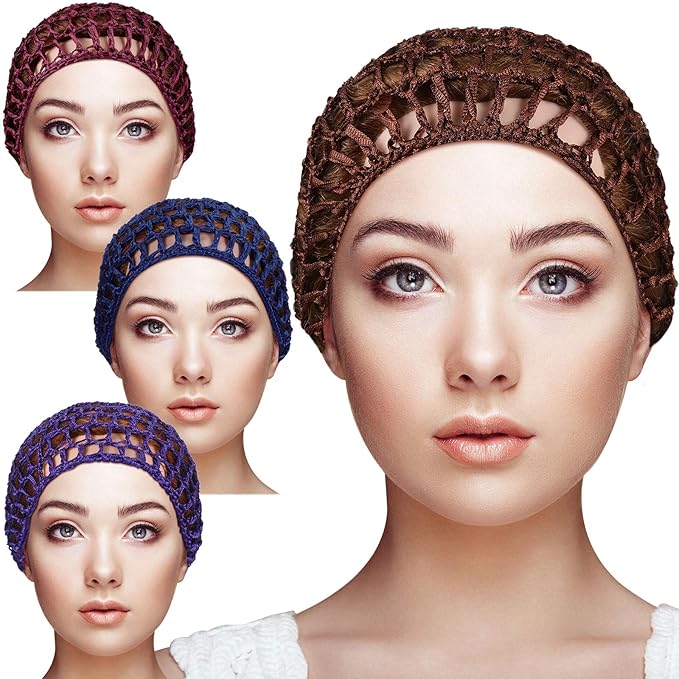 Geyoga 4 Pieces Mesh Crochet Hair Net Rayon Knit Snood Hat Thick Short Women Hairnet Snoods Cover Ornament for Sleeping (Purple, Navy Blue, Wine Red, Brown)