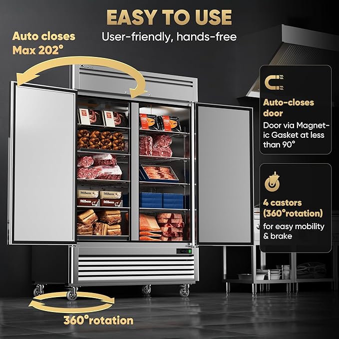 Coolski 54"W Commercial Freezer, -13℉ ~-5℉, 49 Cu.Ft 2 Door Reach-In Stainless Steel Upright Freezer for Restaurant, Cafe, Shop, Business, 8 Adjustable Shelves
