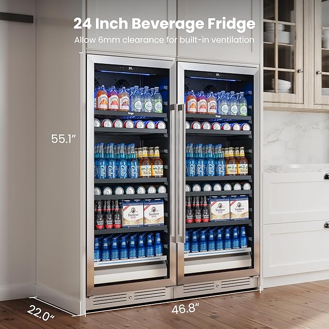 Yeego Beverage Refrigerator 48 inch -2PCS Capacity Beverage Cooler, Upgraded Beverage Refrigerator Freestanding or Built-In, Drink Cooler for Soda, Water, Beer or Wine - For Kitchen, Bar or Office