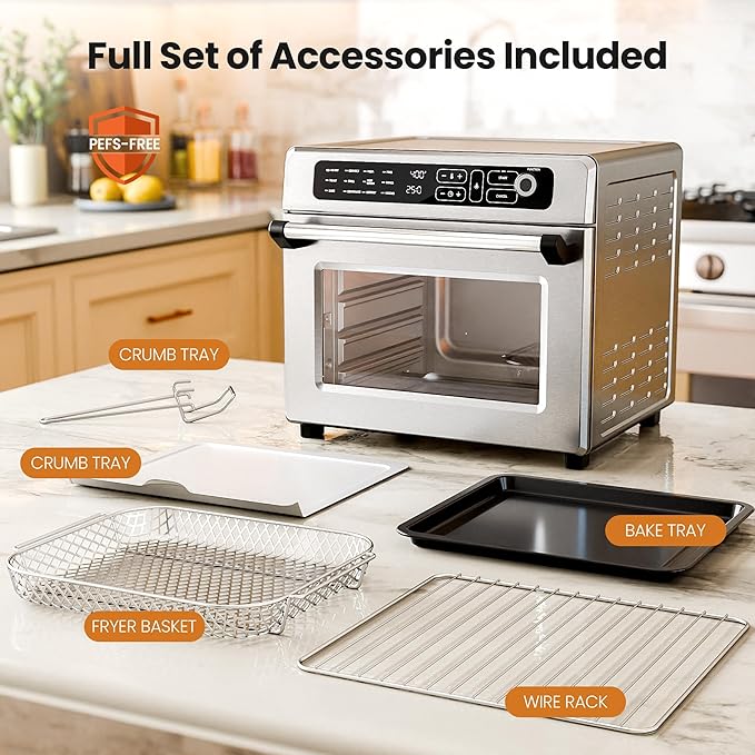 Kismile 25QT Air Fryer Toaster Oven Combo, 12-in-1 Large Countertop Convection Airfryer Oven, 70–450℉, Bake, Roast, Reheat, Broil, Fits 12″ Pizza, Includes Full Accessories, Stainless Steel(Silver)