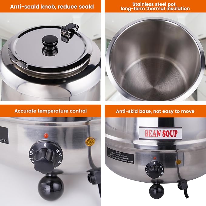 11Qt Commercial Soup Warmer, 400W Buffet Food Warmer Soup Kettle with Hinged Lid & Detachable Pot, Temperature Control (105-195°F) for Soups, Chili, Stew, Nacho Cheese - Silver