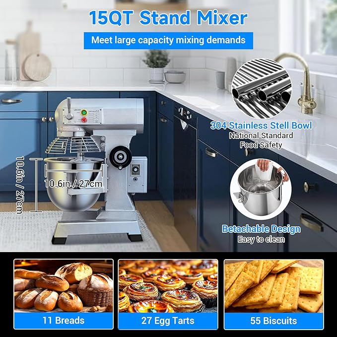 15Qt Commercial Food Mixer with Timing Function,600W Commercial stand mixer 3-Speed Adjustable,Electric Heavy Duty Dough Mixer with Stainless Steel Bowl for Bakery Pizzeria
