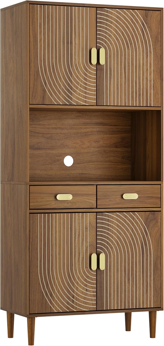 Smuxee 70.87" Walnut Kitchen Pantry Cabinet, Tall Food Pantry Cabinet with Line Groove Design, Kitchen Hutch with Microwave Stand for Dining Room, Living Room, Bar