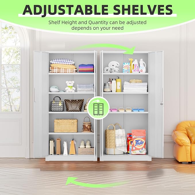 Crownland 72" Metal Storage Cabinet, Lockable Garage Storage Cabinets, High Office Cabinet with Adjustable Shelves for Home Office, Garage, Classroom, Pantry, File(White-Narrow Size)