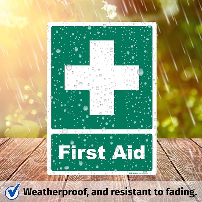 Brimar - 10" x 14" - First Aid Sign - 3.5 Mil InfiniStick™ Vinyl Label - Easy Installation - Versatile Application