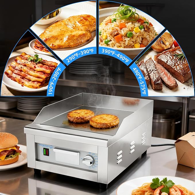 Commercial Electric Griddle, 16"x14" Cooking Surface with 10mm Thick Plate, ETL Certified 572°F Precise Temperature Control, 3" Splash Guard, Heavy-Duty 201 J1 Stainless Steel