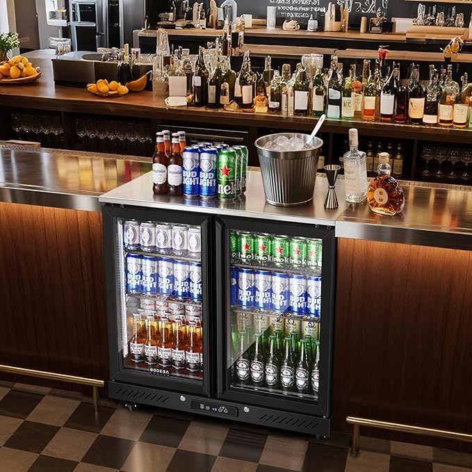 BODEGACOOLER Back Bar Cooler with 2 Glass Doors,7.7 Cu.ft Commercial Back Bar Beverage Refrigerator Counter Height,LED Lighting for Soda Drinks,Beer,Wine Stainless Steel Top,DOE Approved,4 Casters